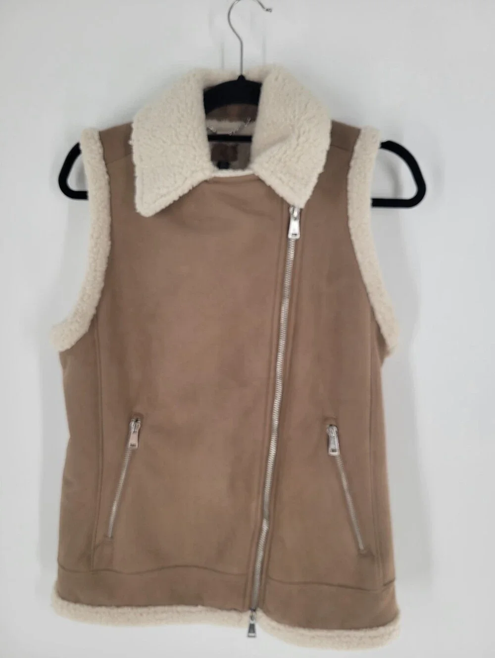 Ralph Lauren Taupe Outer with Cream Faux-Shearling Lining Vest Size S